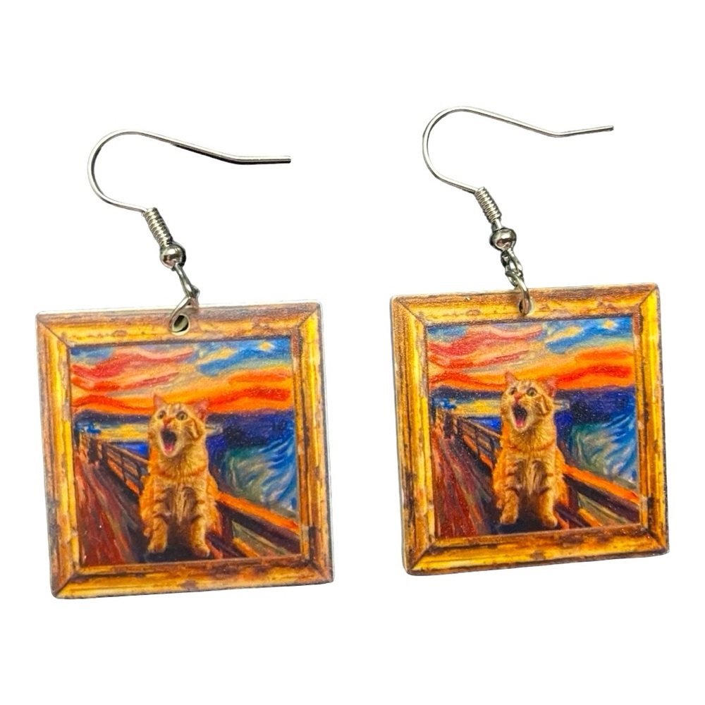 Cute Cat Oil Painting Style Light Weight Thin Acrylic Print Earrings Nickel-Free